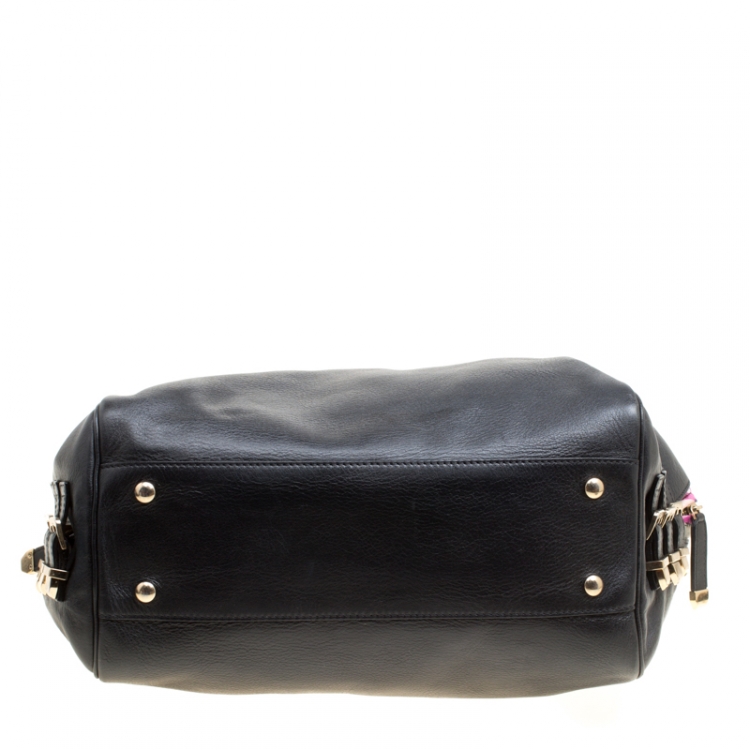 Pre Owned Versace Black Leather and Floral Print Fabric Top Handle Bag