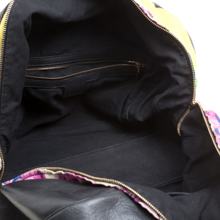 Pre Owned Versace Black Leather and Floral Print Fabric Top Handle Bag