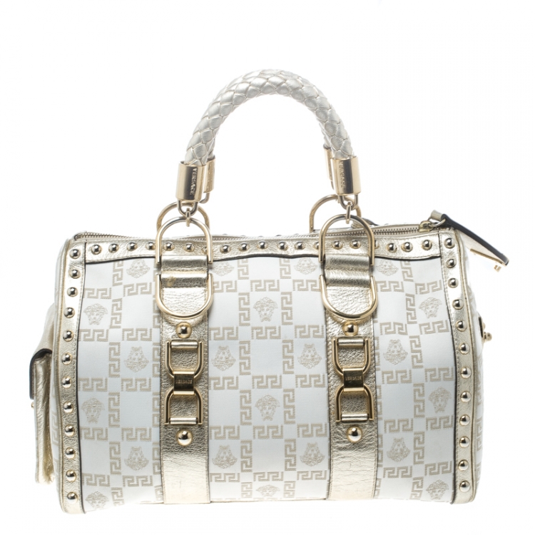 Pre Owned Versace White/Gold Fabric and Leather Snap Out Of It Satchel