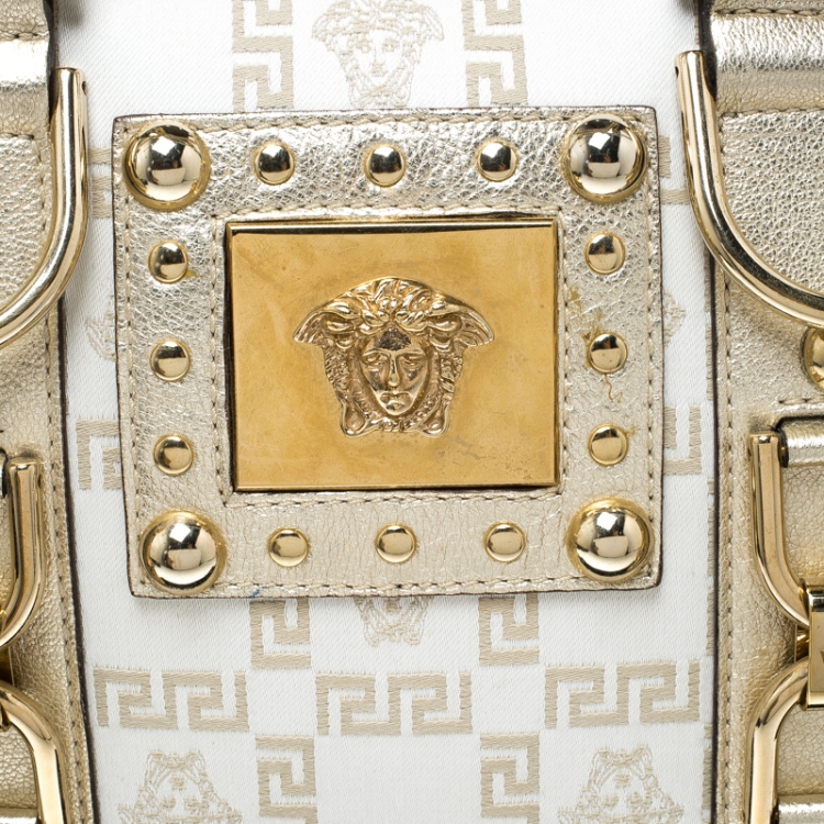 Pre Owned Versace White/Gold Fabric and Leather Snap Out Of It Satchel