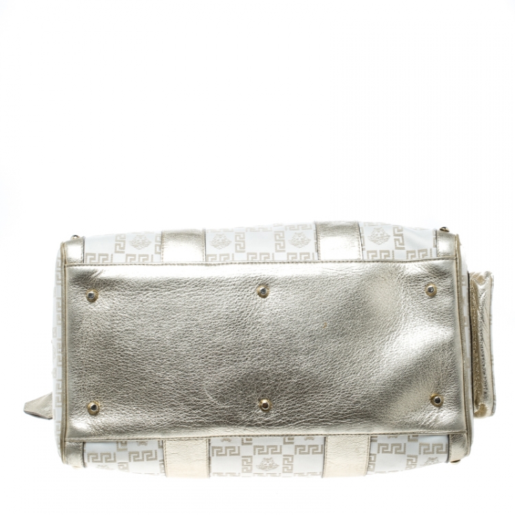 Pre Owned Versace White/Gold Fabric and Leather Snap Out Of It Satchel