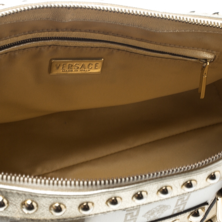 Pre Owned Versace White/Gold Fabric and Leather Snap Out Of It Satchel