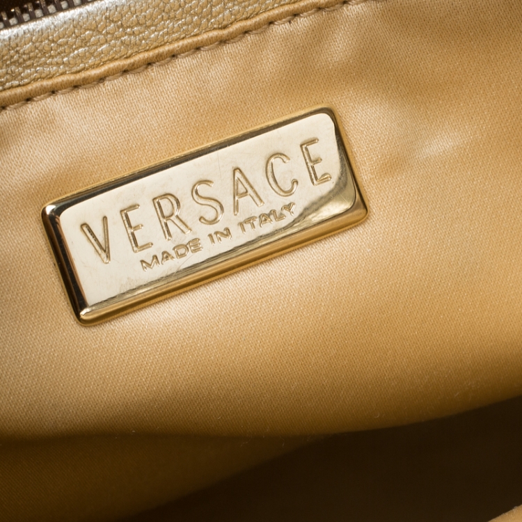 Pre Owned Versace White/Gold Fabric and Leather Snap Out Of It Satchel