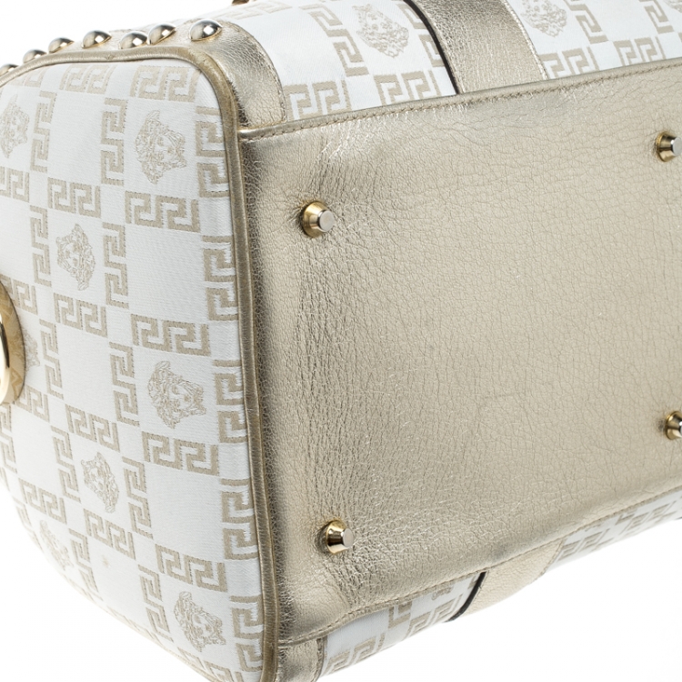 Pre Owned Versace White/Gold Fabric and Leather Snap Out Of It Satchel