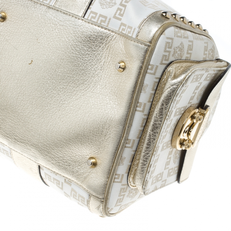 Pre Owned Versace White/Gold Fabric and Leather Snap Out Of It Satchel