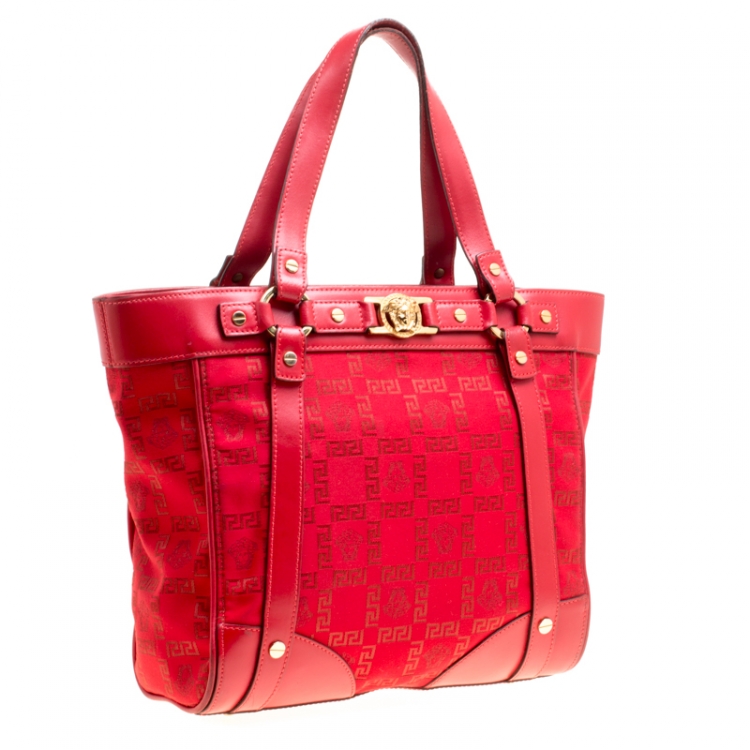 Pre Owned Versace Red Signature Fabric and Leather Tote