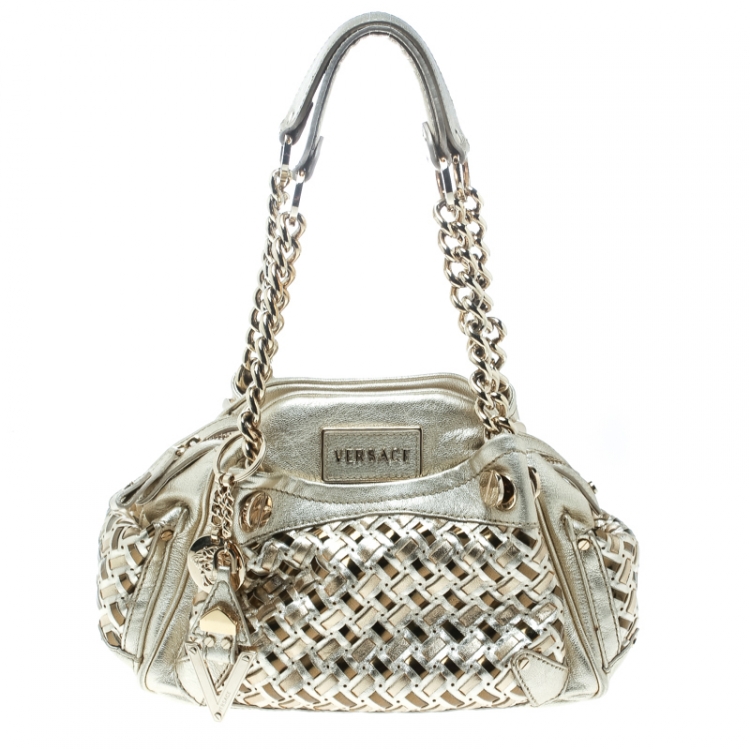 Pre Owned Versace Gold Woven Leather Satchel