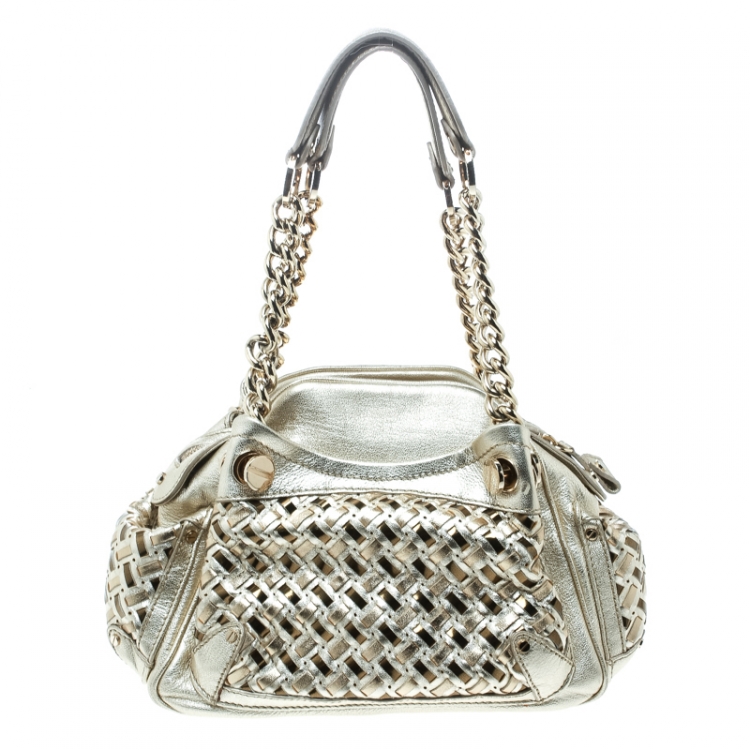 Pre Owned Versace Gold Woven Leather Satchel