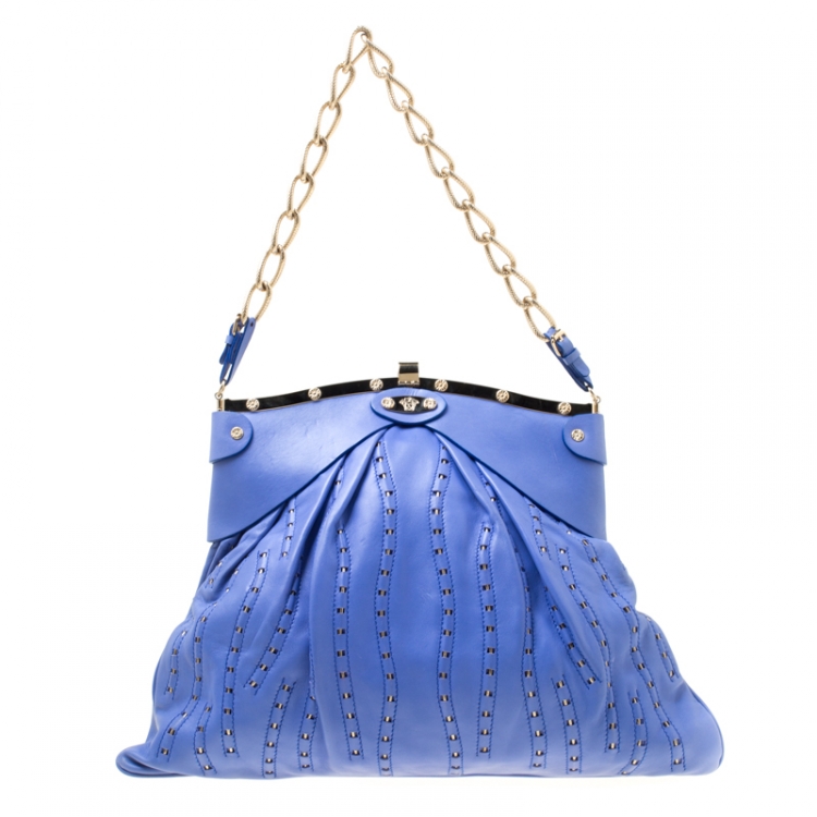 Pre Owned Versace Blue Leather Mirror Frame Chain Shoulder Bag