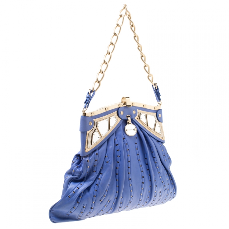 Pre Owned Versace Blue Leather Mirror Frame Chain Shoulder Bag