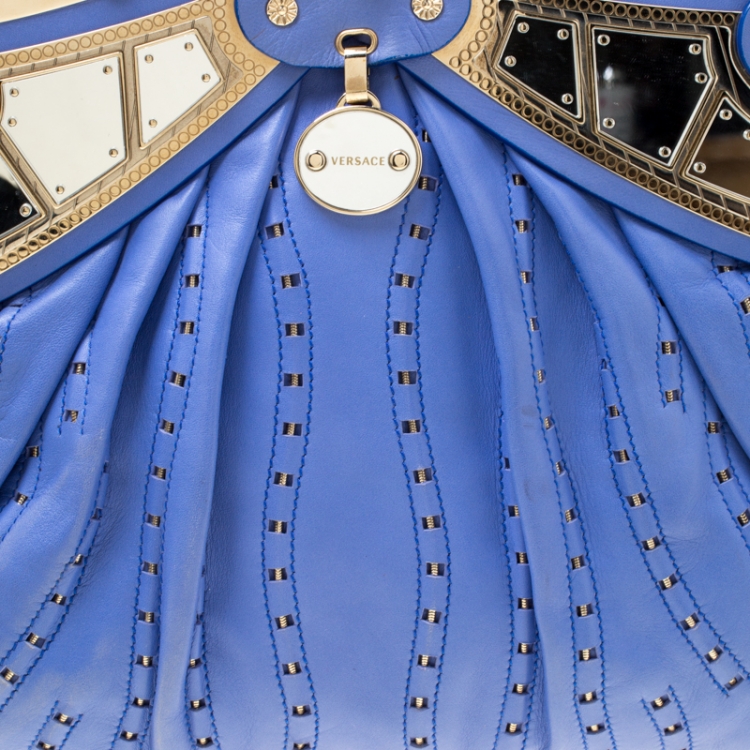 Pre Owned Versace Blue Leather Mirror Frame Chain Shoulder Bag