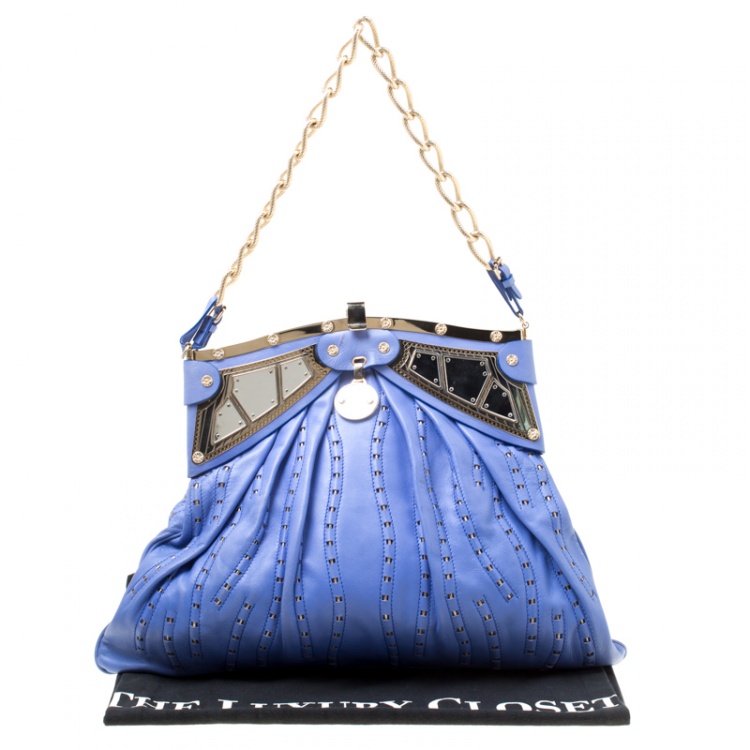 Pre Owned Versace Blue Leather Mirror Frame Chain Shoulder Bag