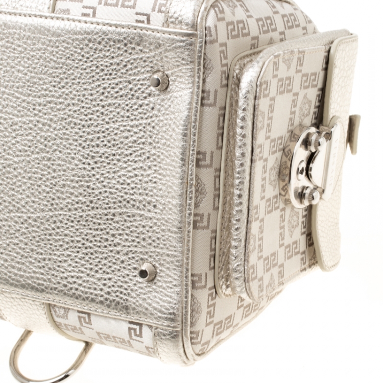 Pre Owned Versace Metallic Beige Signature Fabric and Leather Snap Out Of It Satchel