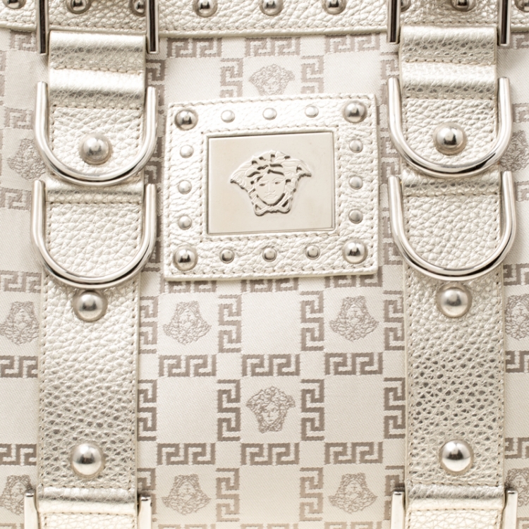 Pre Owned Versace Metallic Beige Signature Fabric and Leather Snap Out Of It Satchel