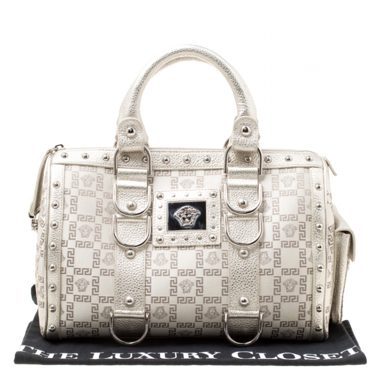 Pre Owned Versace Metallic Beige Signature Fabric and Leather Snap Out Of It Satchel