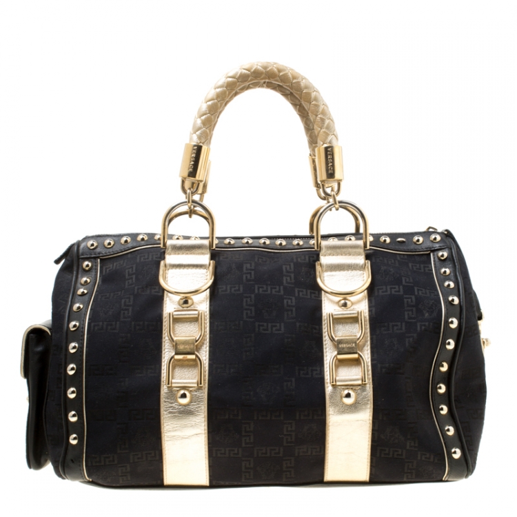 Pre Owned Versace Black Signature Fabric Studded Snap Out Of It Satchel 