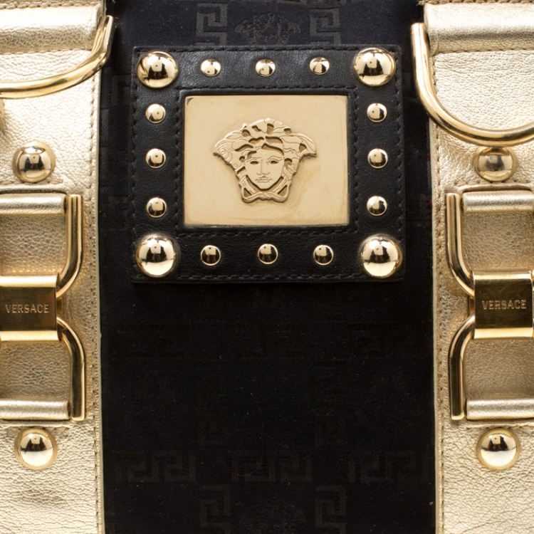 Pre Owned Versace Black Signature Fabric Studded Snap Out Of It Satchel 