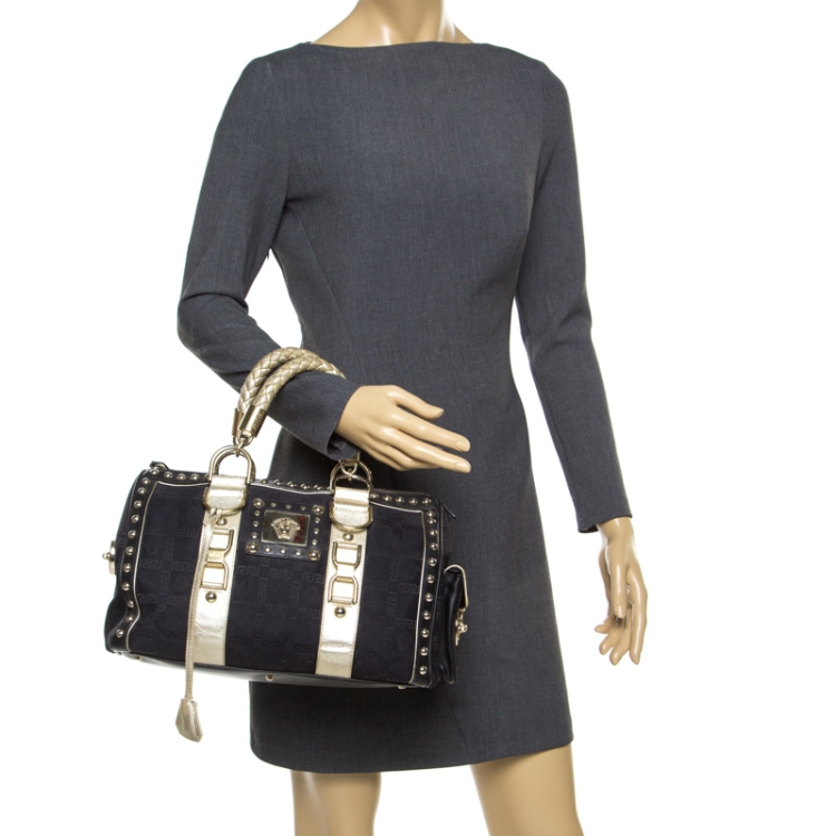 Pre Owned Versace Black Signature Fabric Studded Snap Out Of It Satchel 