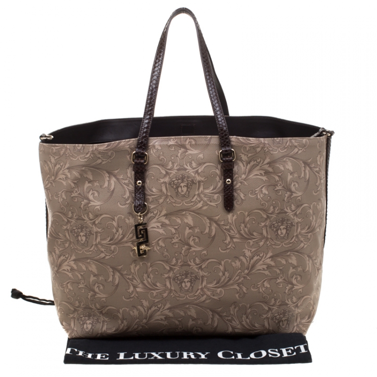 Pre Owned Versace Beige/Brown Barocco Heritage Coated Canvas and Snakeskin Trim Shopper Tote