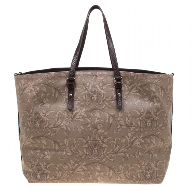 Pre Owned Versace Beige/Brown Barocco Heritage Coated Canvas and Snakeskin Trim Shopper Tote