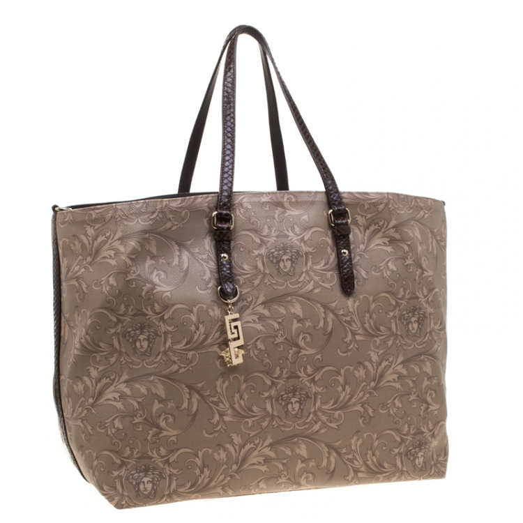 Pre Owned Versace Beige/Brown Barocco Heritage Coated Canvas and Snakeskin Trim Shopper Tote
