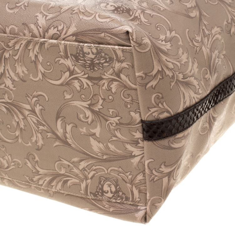 Pre Owned Versace Beige/Brown Barocco Heritage Coated Canvas and Snakeskin Trim Shopper Tote