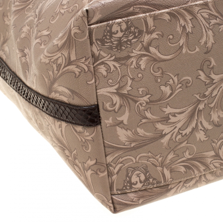Pre Owned Versace Beige/Brown Barocco Heritage Coated Canvas and Snakeskin Trim Shopper Tote