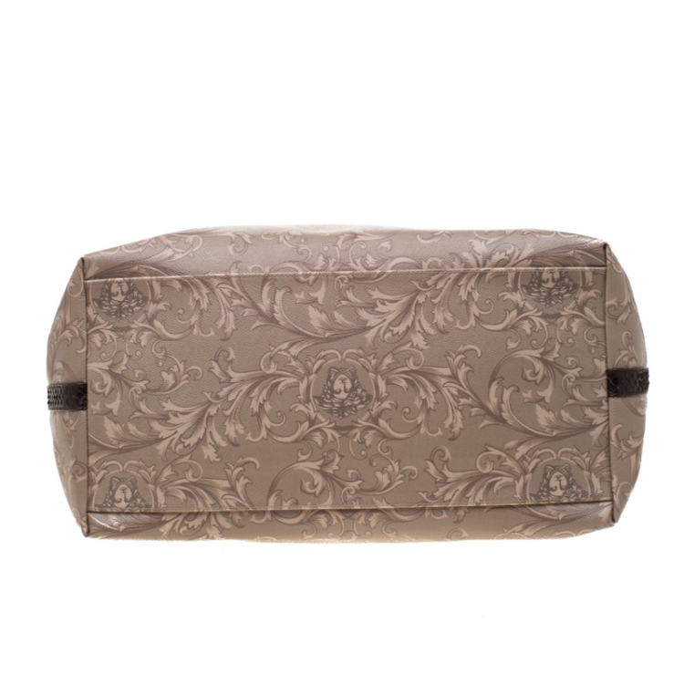 Pre Owned Versace Beige/Brown Barocco Heritage Coated Canvas and Snakeskin Trim Shopper Tote