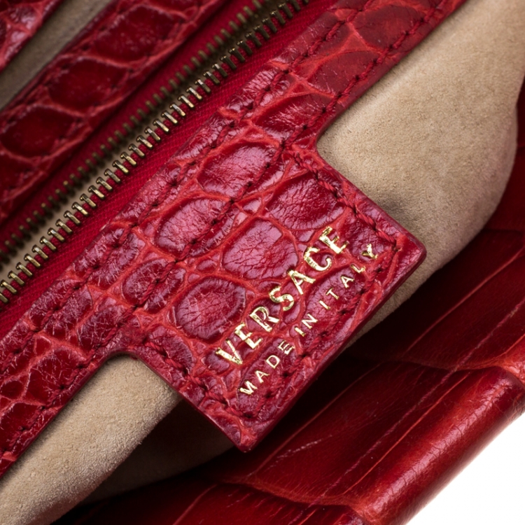 Pre Owned Versace Red Croc Embossed Leather Top Handle Bag