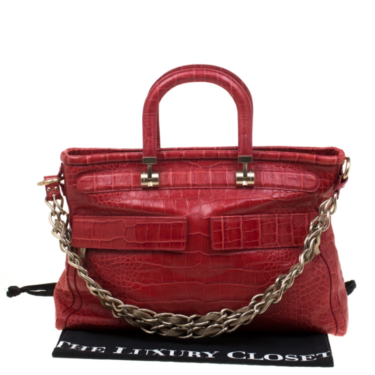 Pre Owned Versace Red Croc Embossed Leather Top Handle Bag