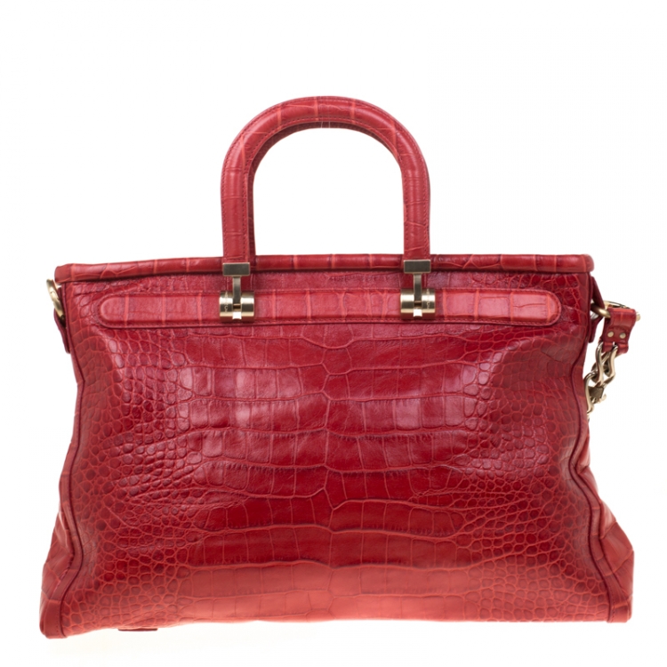 Pre Owned Versace Red Croc Embossed Leather Top Handle Bag