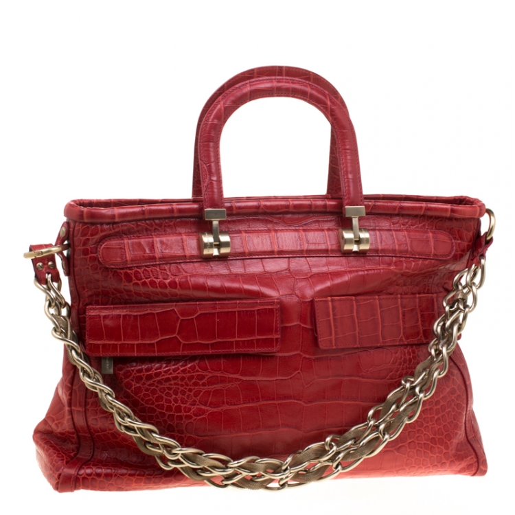 Pre Owned Versace Red Croc Embossed Leather Top Handle Bag