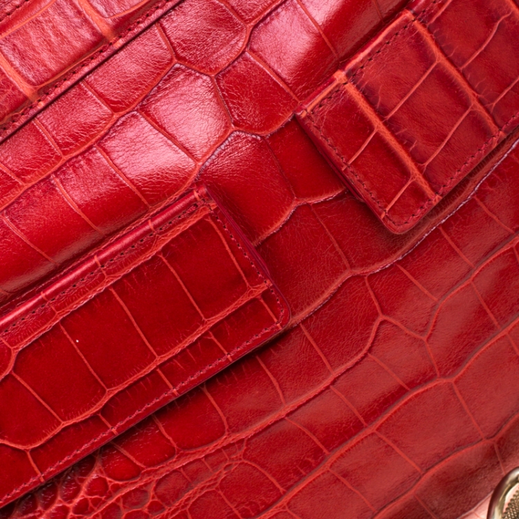 Pre Owned Versace Red Croc Embossed Leather Top Handle Bag