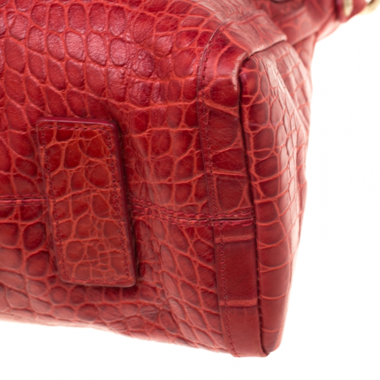 Pre Owned Versace Red Croc Embossed Leather Top Handle Bag