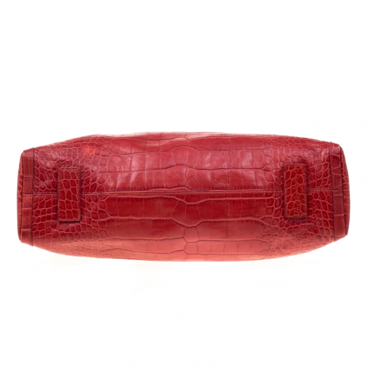 Pre Owned Versace Red Croc Embossed Leather Top Handle Bag