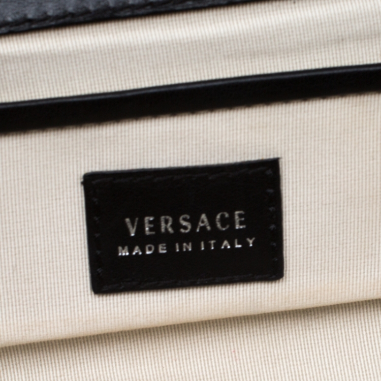Pre Owned Versace Black Leather Flower Embellished Chain Clutch