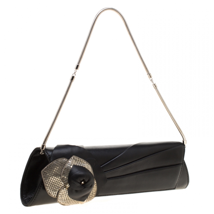 Pre Owned Versace Black Leather Flower Embellished Chain Clutch