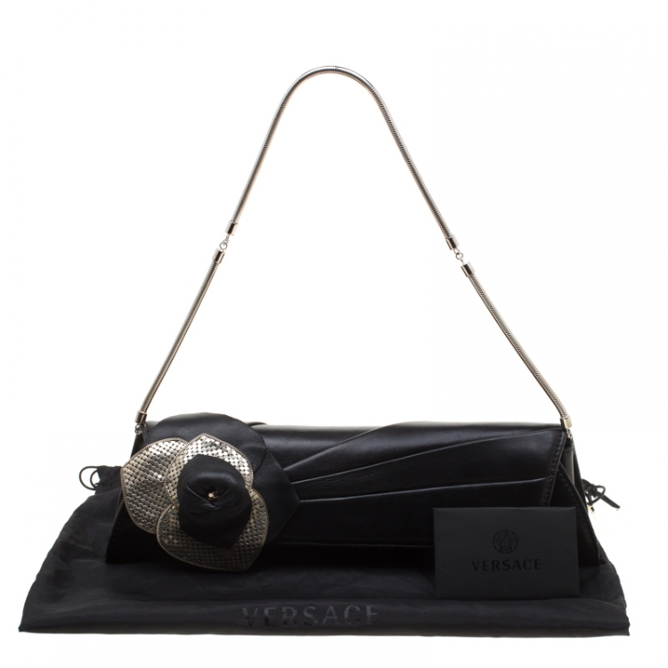 Pre Owned Versace Black Leather Flower Embellished Chain Clutch