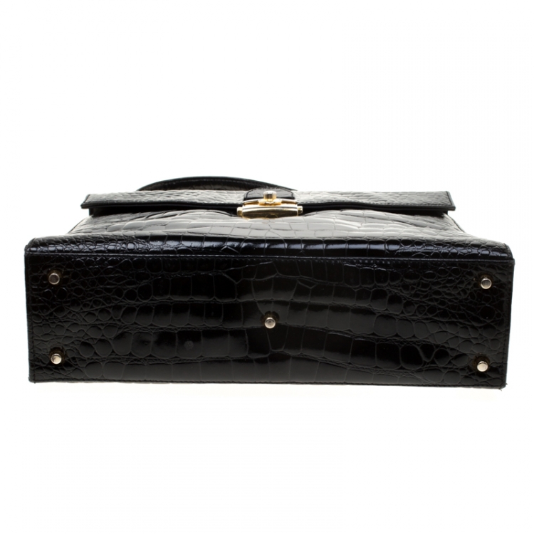 Pre Owned Versace Black Croc Embossed Leather Tote