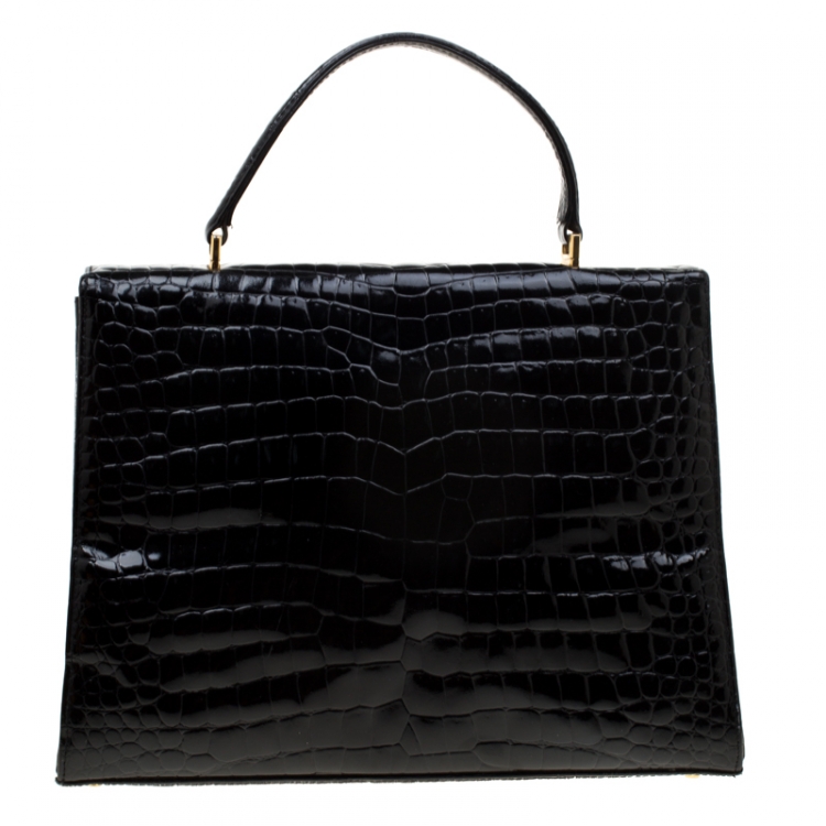 Pre Owned Versace Black Croc Embossed Leather Tote