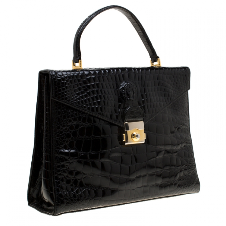 Pre Owned Versace Black Croc Embossed Leather Tote