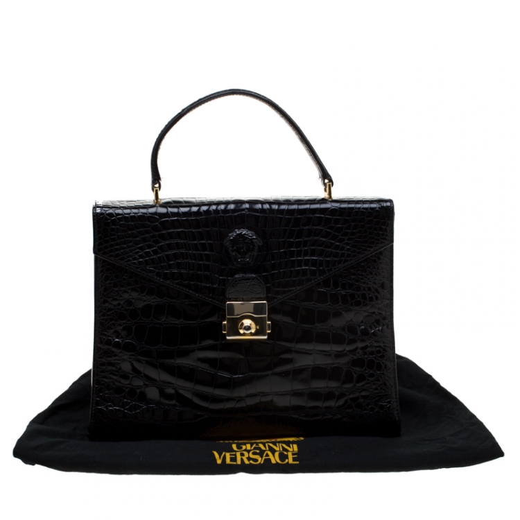Pre Owned Versace Black Croc Embossed Leather Tote