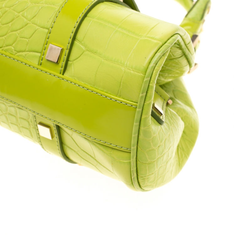 Pre Owned Versace Green Croc Embossed Leather Satchel