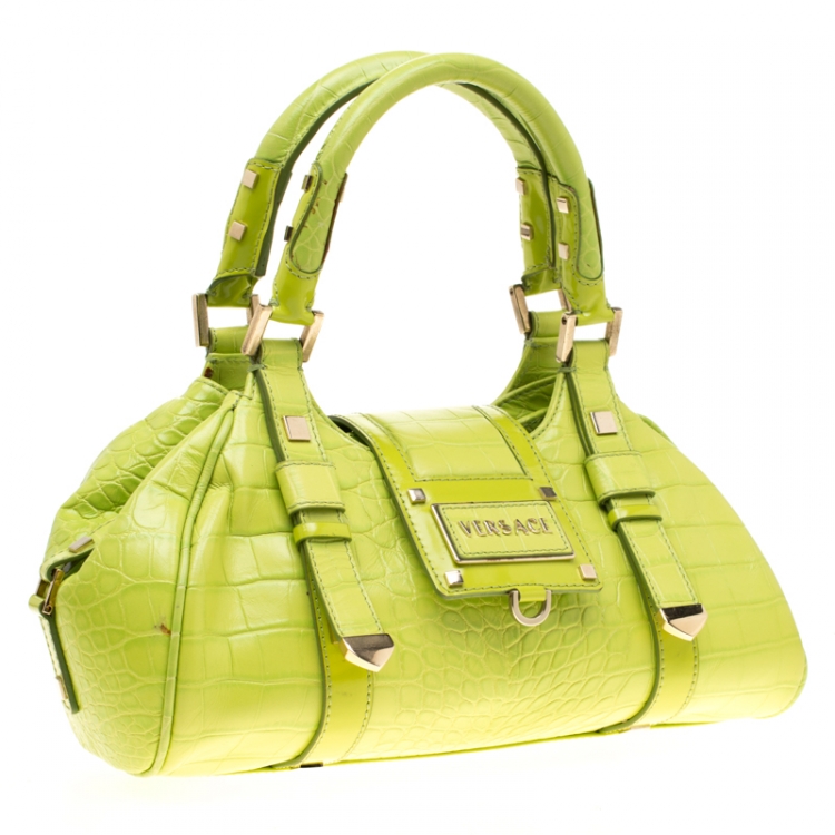 Pre Owned Versace Green Croc Embossed Leather Satchel
