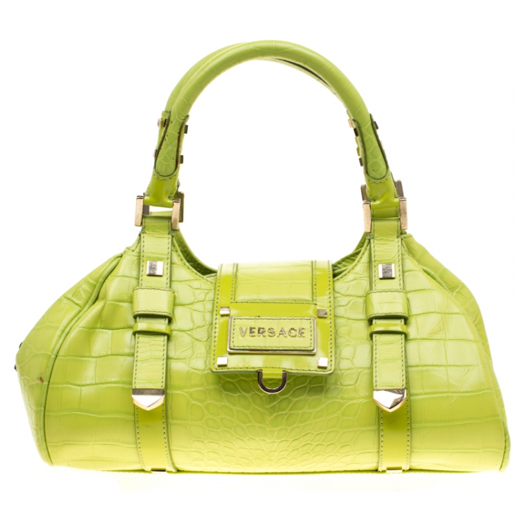 Pre Owned Versace Green Croc Embossed Leather Satchel