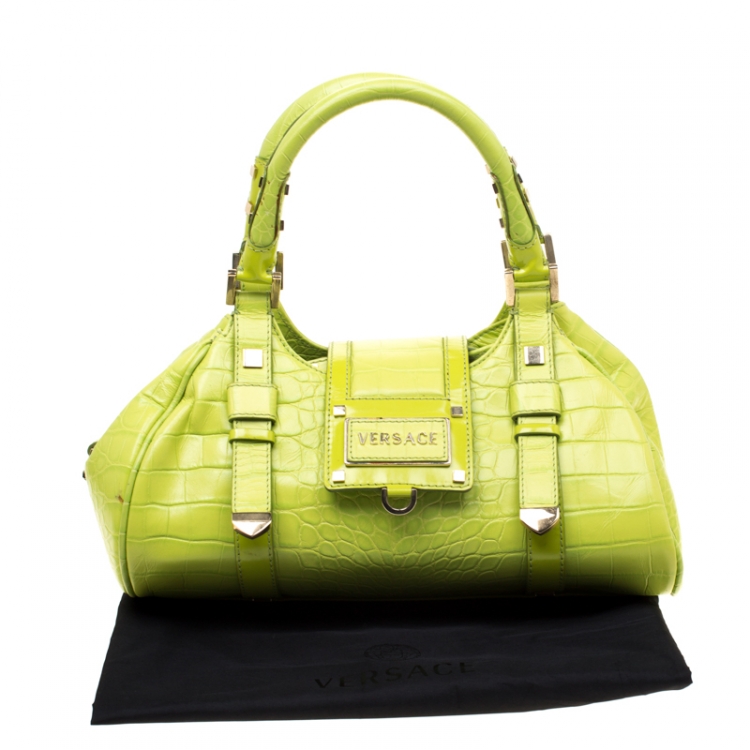 Pre Owned Versace Green Croc Embossed Leather Satchel