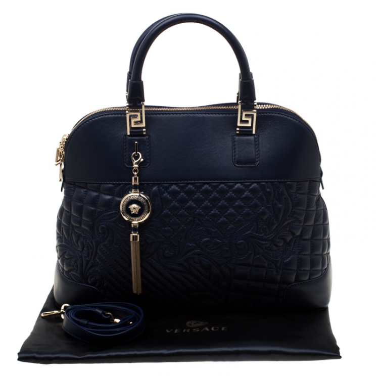 Pre Owned Versace Navy Blue Quilted Leather Athena Vanitas Top Handle Bag