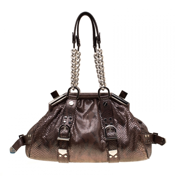 Pre Owned Versace Brown Snake Embossed Leather Madonna Boston Bag