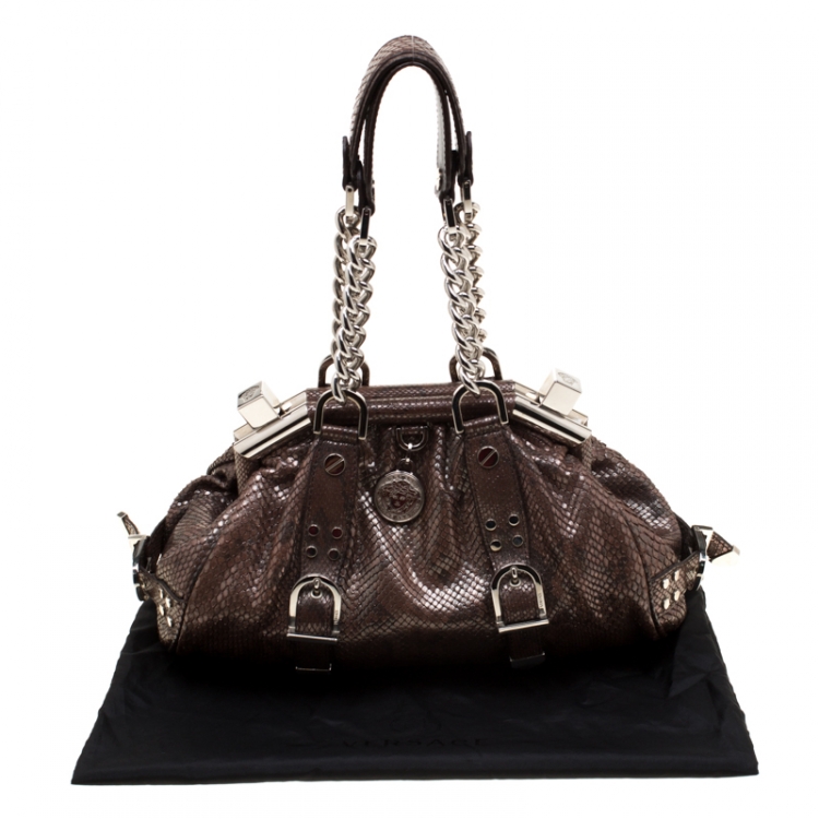 Pre Owned Versace Brown Snake Embossed Leather Madonna Boston Bag