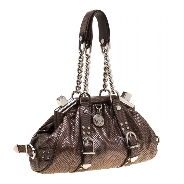 Pre Owned Versace Brown Snake Embossed Leather Madonna Boston Bag